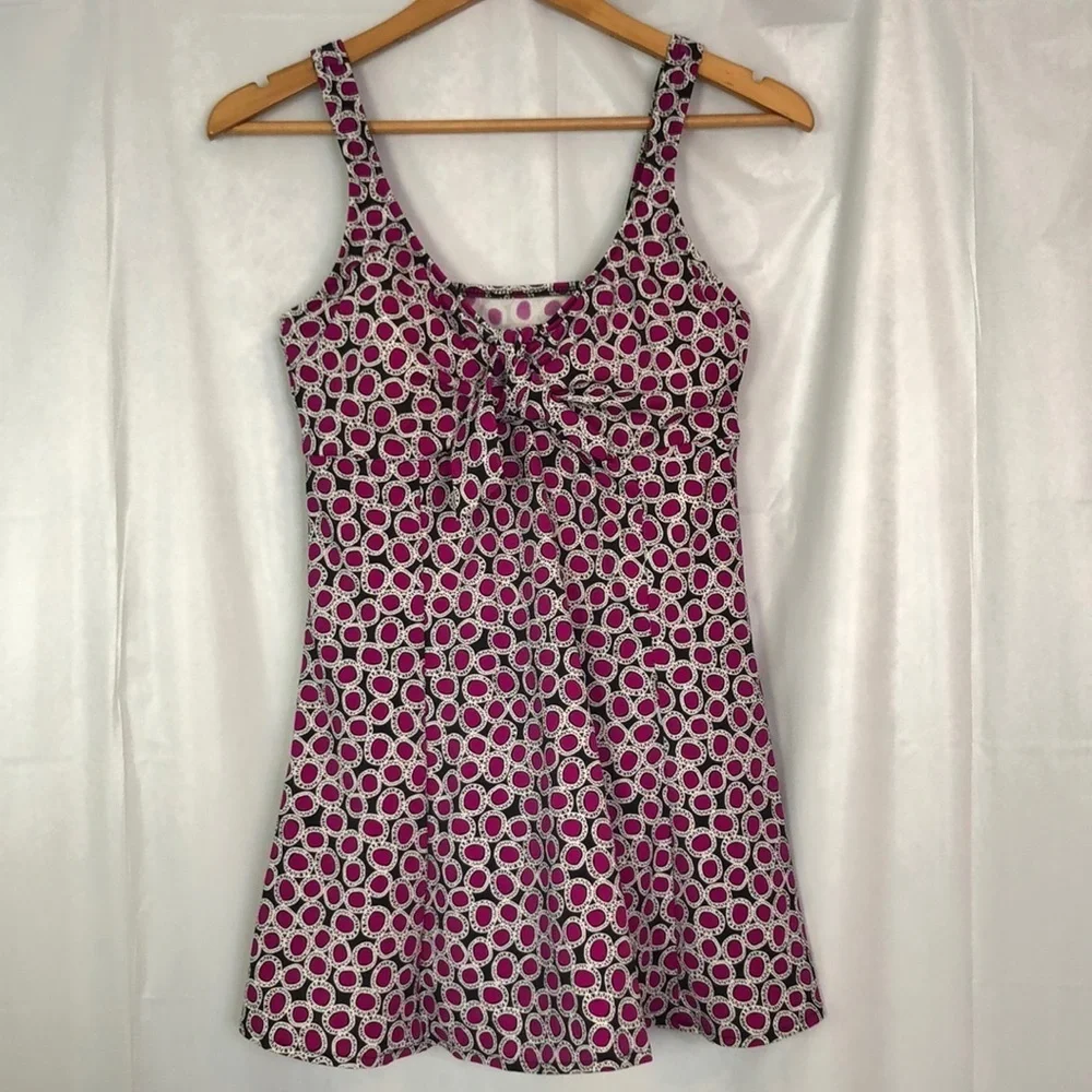 PENBROOKE Women's Bow Front Swimdress - Tile Play Pink and Black Pattern Size 16